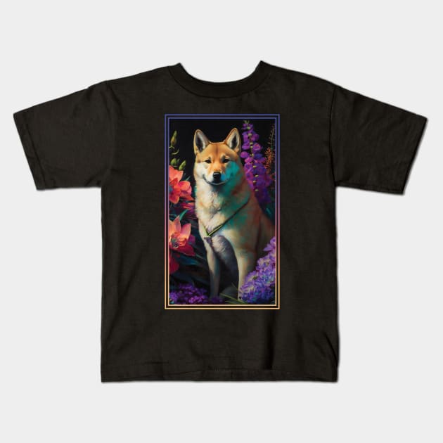 Jindo Dog Vibrant Tropical Flower Tall Digital Oil Painting Portrait 2 Kids T-Shirt by ArtHouseFlunky